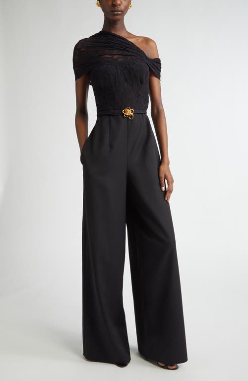 Shop Oscar De La Renta One Shoulder Mixed Media Jumpsuit In Black