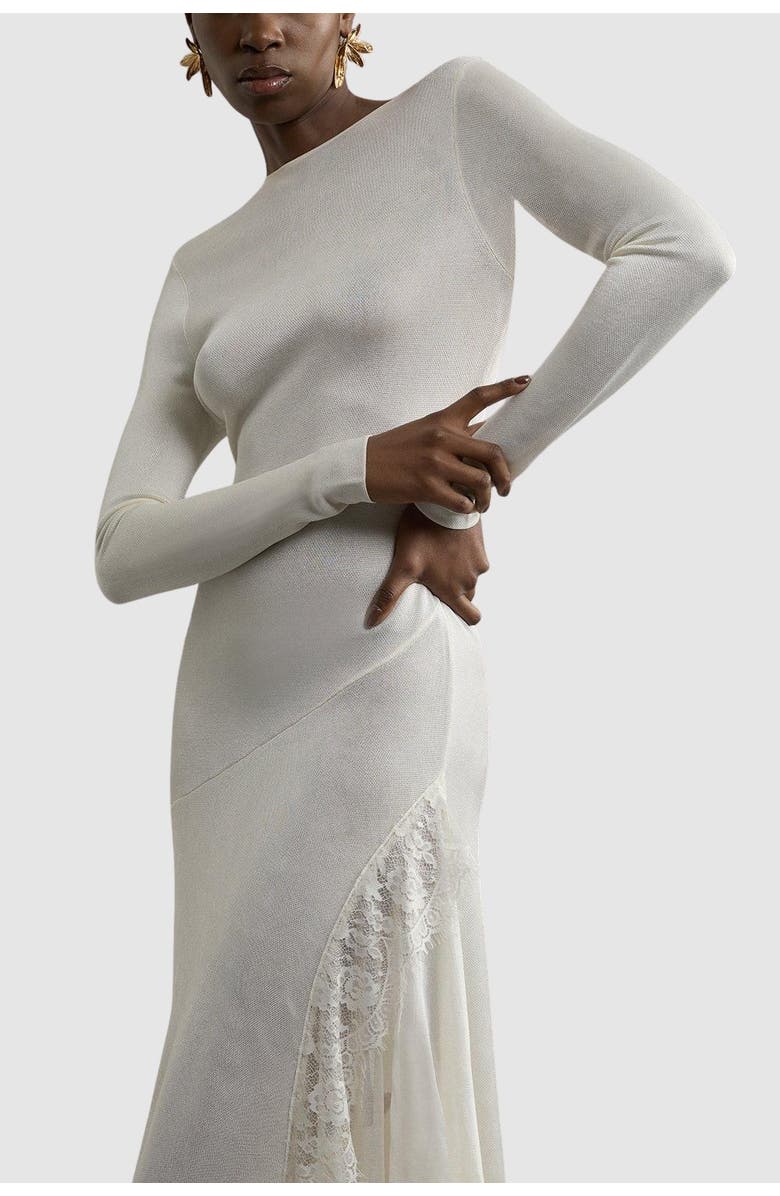 Karen Millen Slinky Lace Asymmetric Maxi Dress, Alternate, color, Cream
