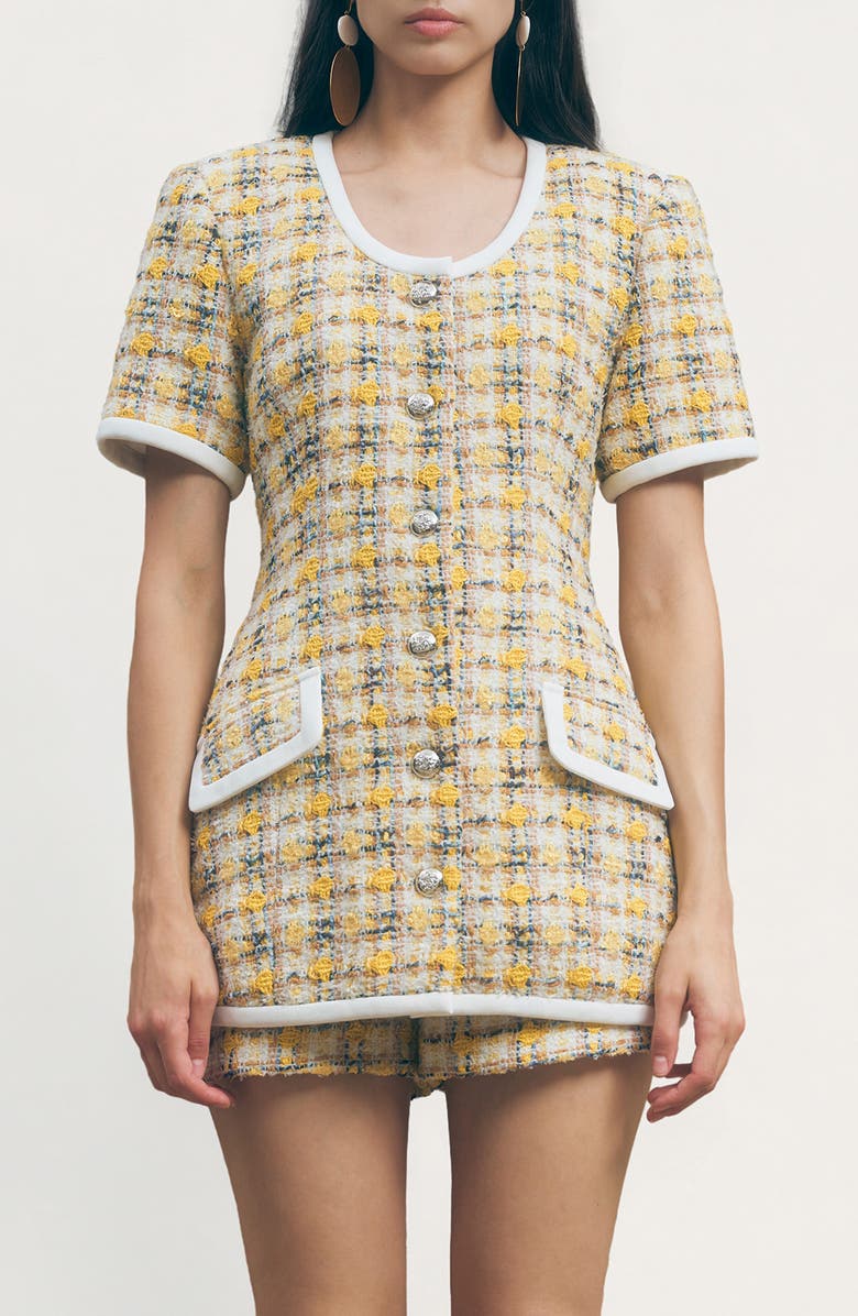 MAUDE CLUB Frances Longline Tweed Jacket, Main, color, Yellow Tweed