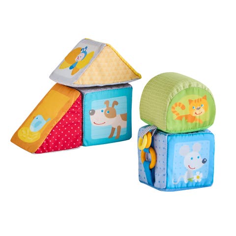 Animal Soft Baby Blocks for 6-12 Months - 5 Geometric Shape Baby Sensory Toys with Rattle, Mirror, Squeaker & Crinkle Foil