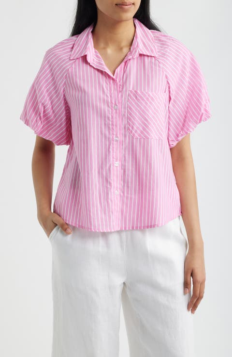 Biance Bubble Sleeve Button-Up Top