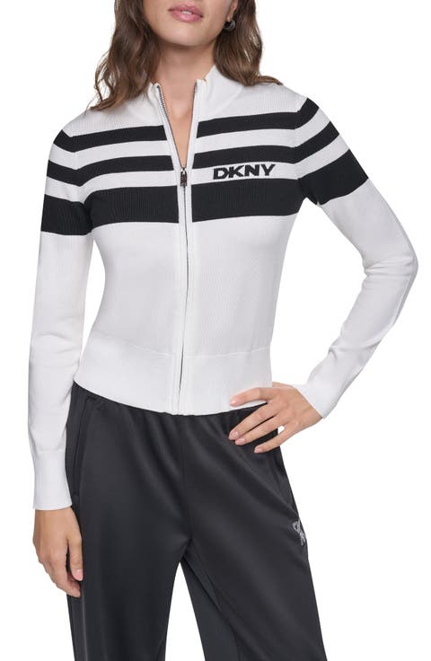 Placed Stripe Cotton Blend Zip Cardigan