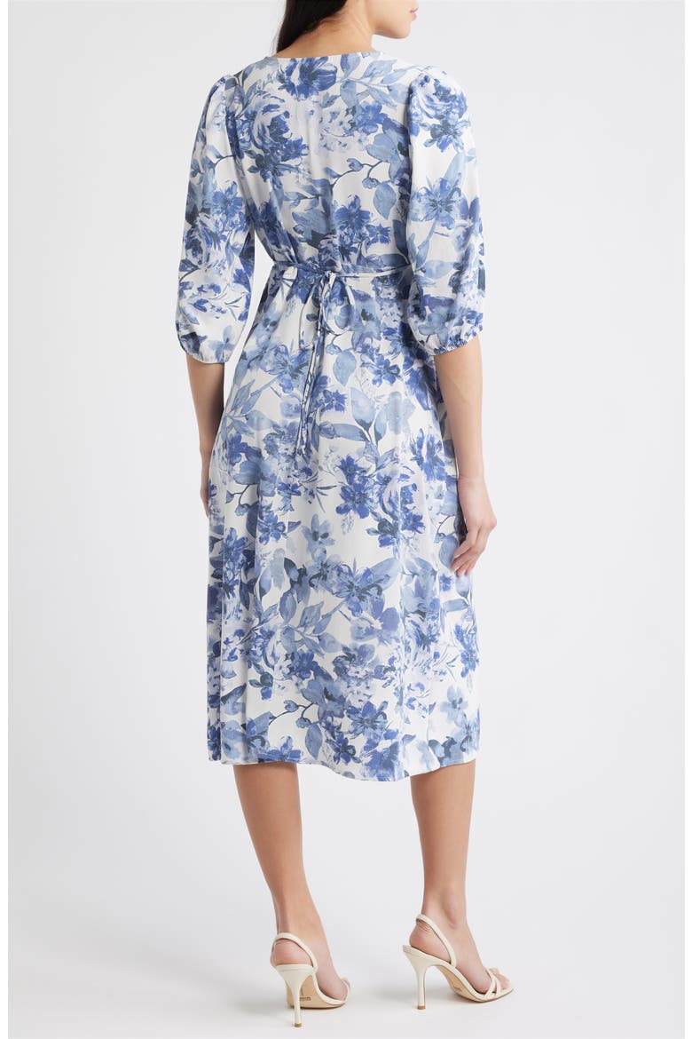 Floral Print Puff Shoulder Midi Dress, Alternate, color, BLUE