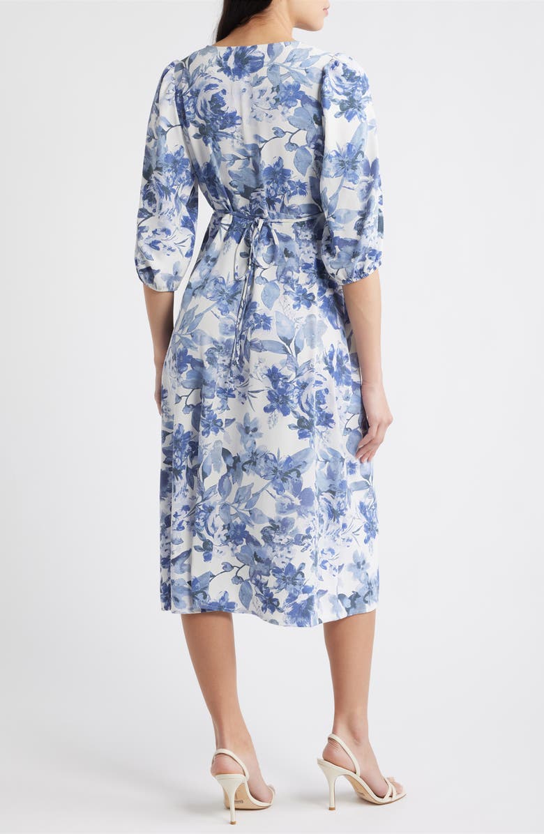 Connected Apparel Floral Print Puff Shoulder Midi Dress, Alternate, color, Blue