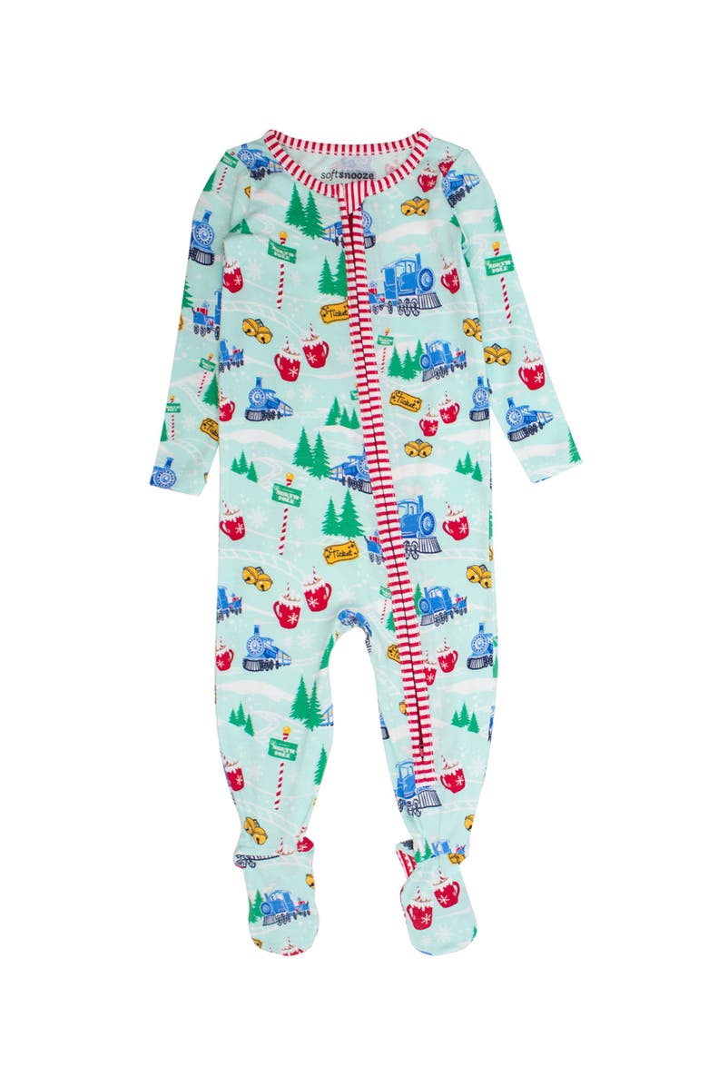 RuffleButts SoftSnooze Gender Inclusive Holiday One Piece Footie Pajamas, Main, color, Snowy Train Tracks