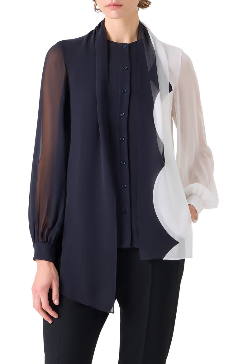 Cloud Silk Tie Neck Shirt, Main, color, BLACK-ECRU
