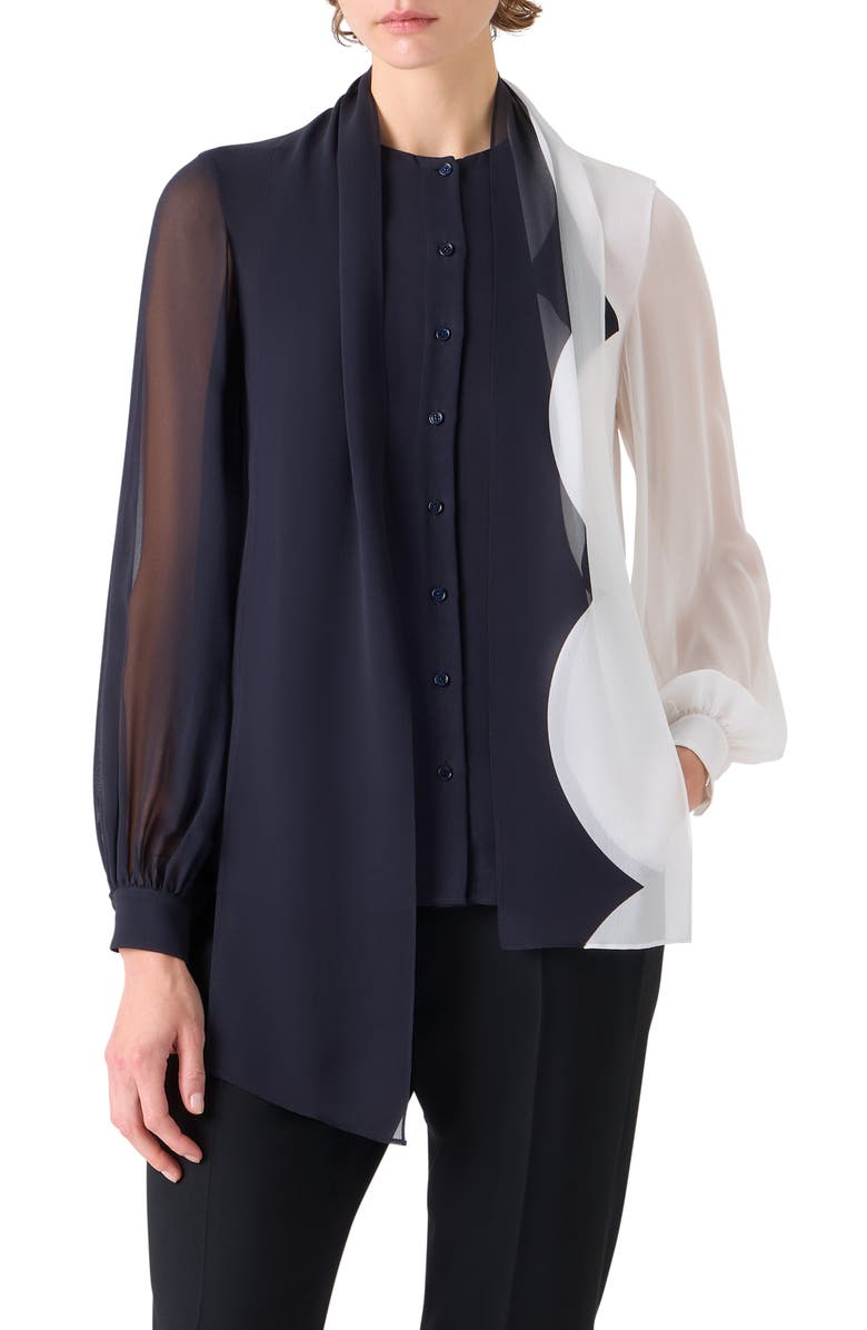 Akris Cloud Silk Tie Neck Shirt, Main, color, Black-Ecru