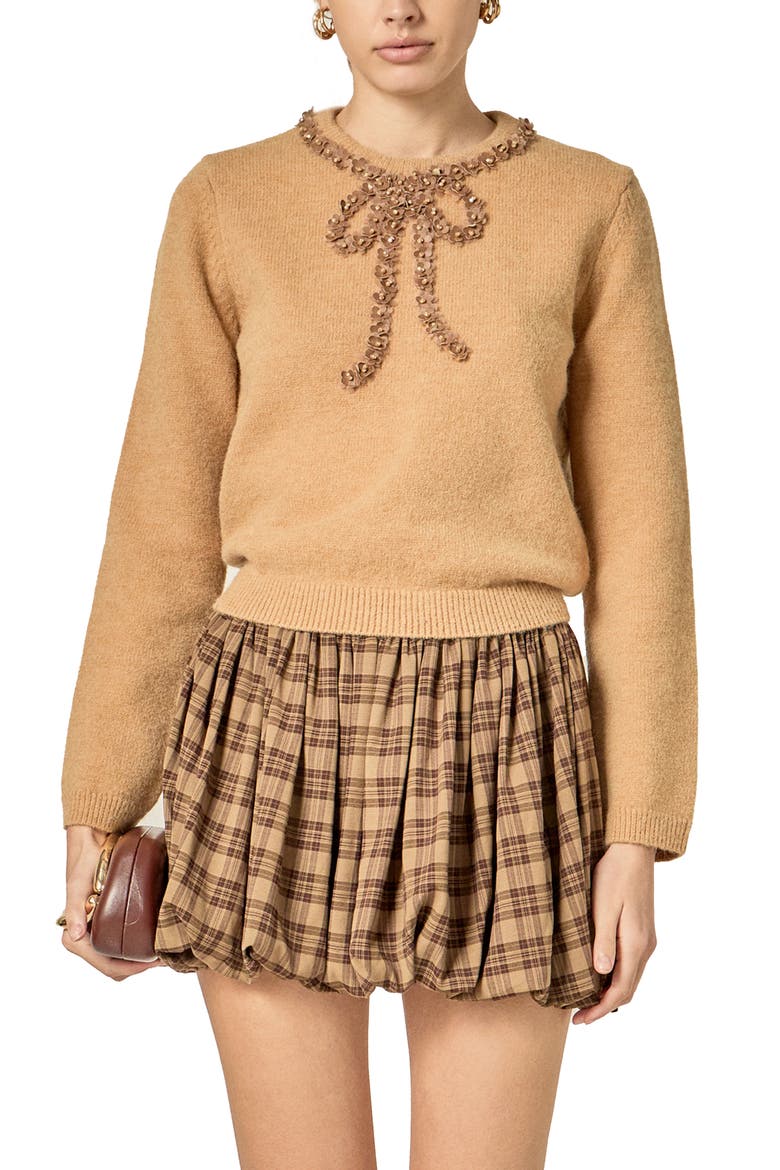 Floral Bow Trim Sweater, Main, color, BROWN