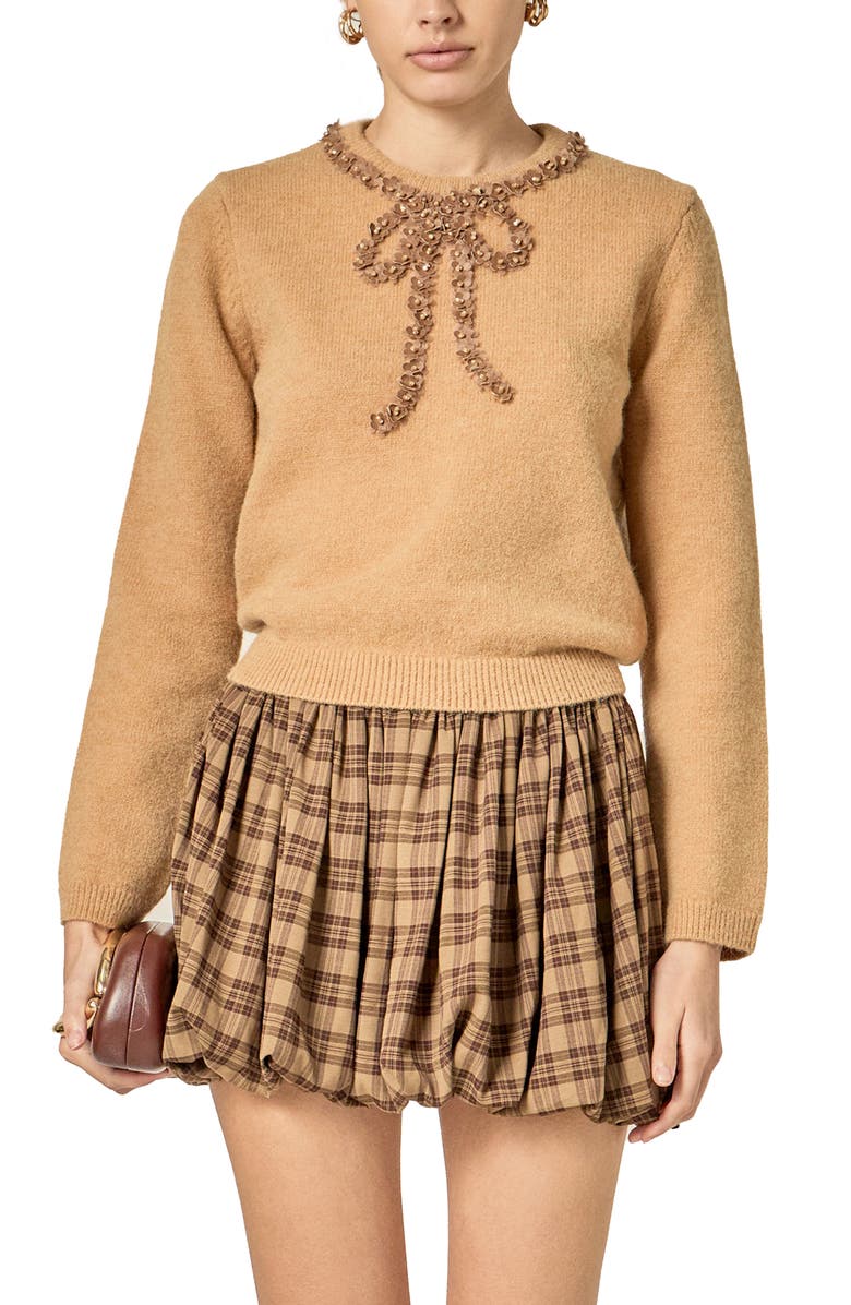 English Factory Floral Bow Trim Sweater, Main, color, Brown