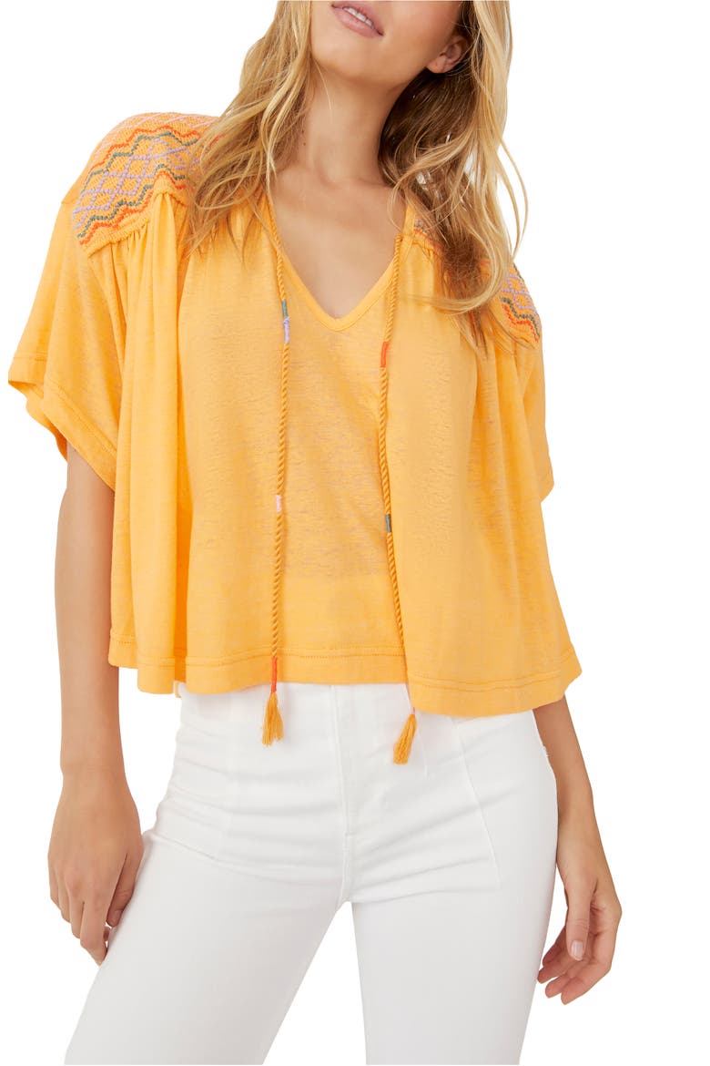 Market Embroidered V-Neck Top, Main, color, CARROT GINGER