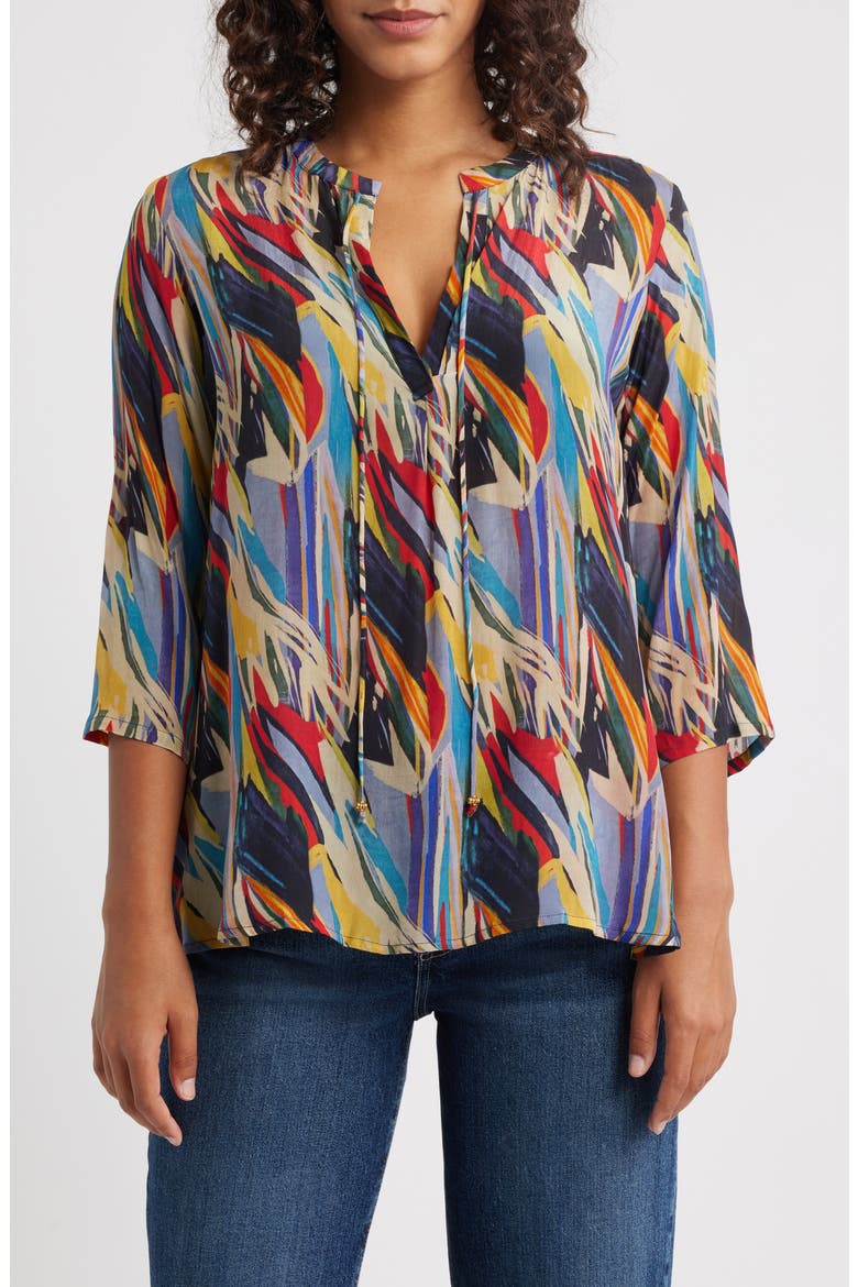 Print Tassel Split Neck Chiffon Top, Main, color, BLUE/ YELLOW MULTI
