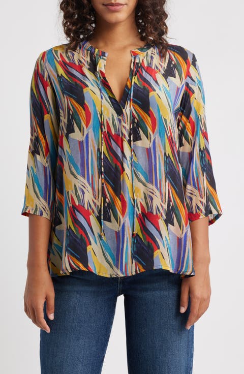 Print Tassel Split Neck Chiffon Top