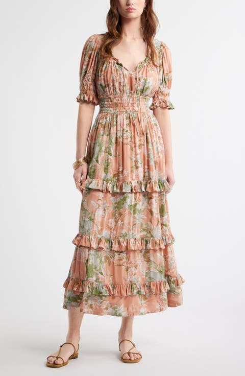 Smock Waist Ruffle Trim Tiered Maxi Dress