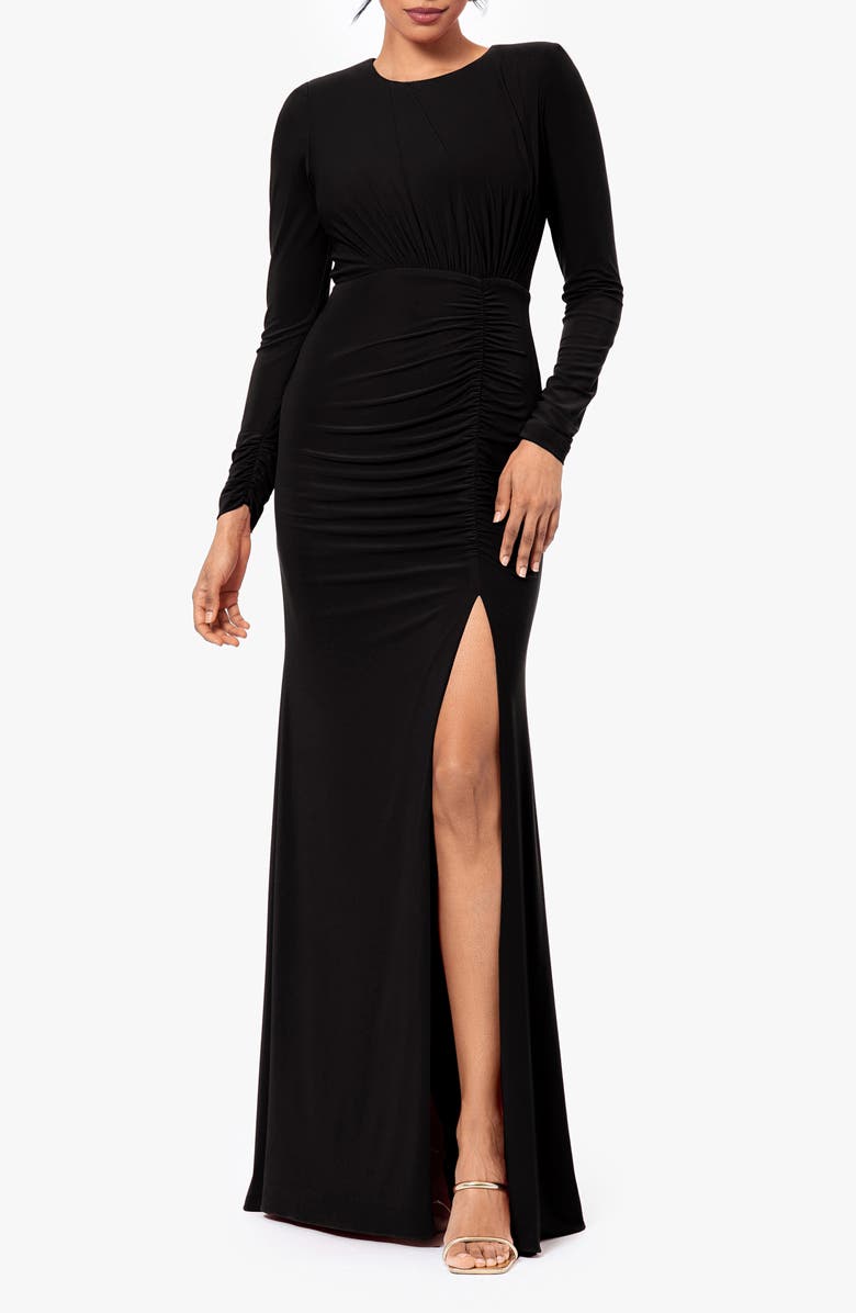 Betsy & Adam Ruched Long Sleeve Sheath Gown, Main, color, 