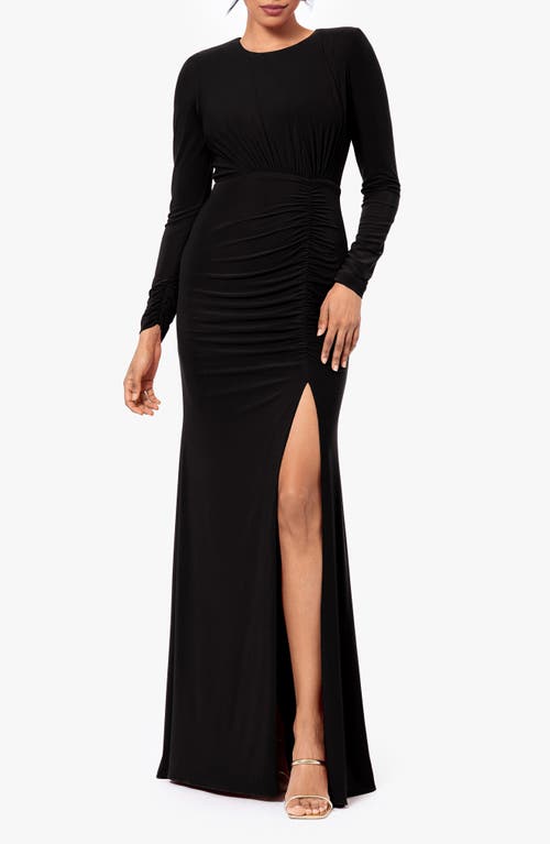 Betsy & Adam Ruched Long Sleeve Sheath Gown in Black 