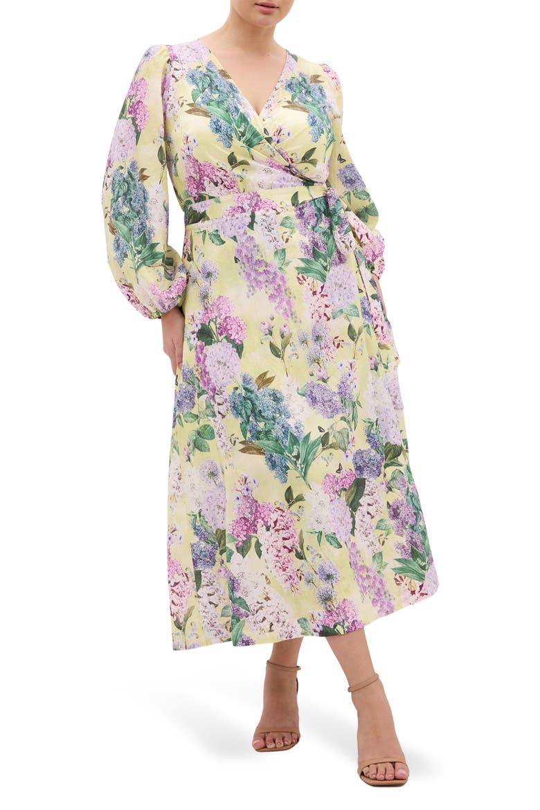 Anastasia Long Sleeve Maxi Wrap Dress, Main, color, LEMON HYDRANDRA