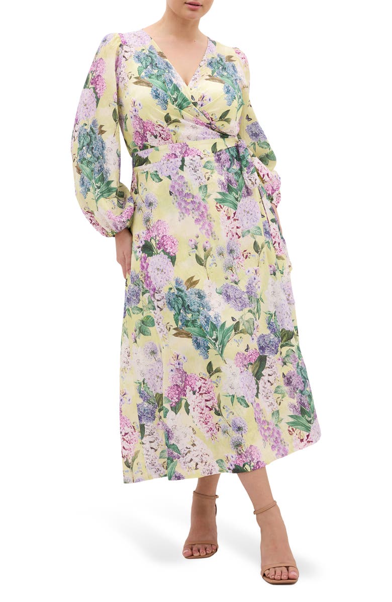 City Chic Anastasia Long Sleeve Maxi Wrap Dress, Main, color, Lemon Hydrandra