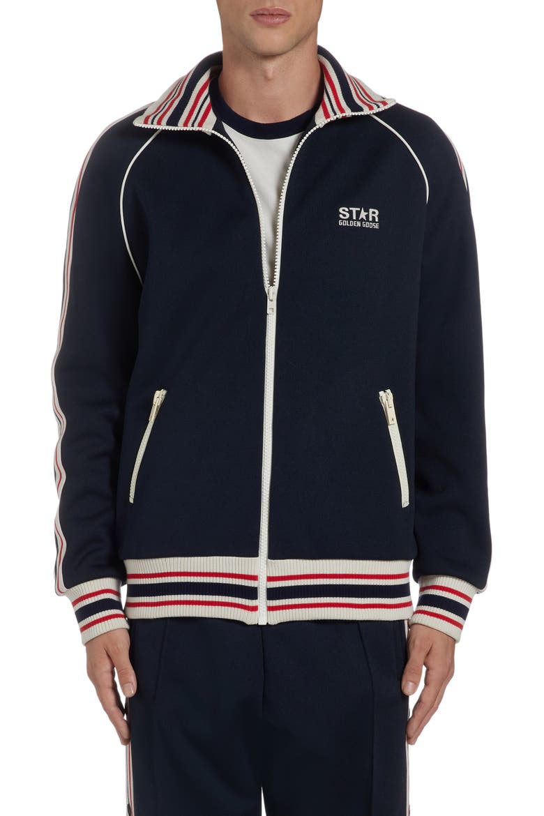 Stripe Trim Raglan Sleeve Track Jacket, Main, color, DARK BLUE/ PAPYRUS