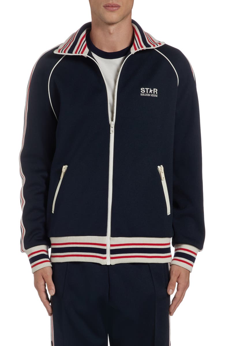 Golden Goose Stripe Trim Raglan Sleeve Track Jacket, Main, color, Dark Blue/ Papyrus