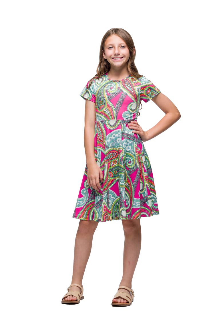 Pink Paisley Print Short Sleeve Fit and Flare Dress, Main, color, Pink Multi