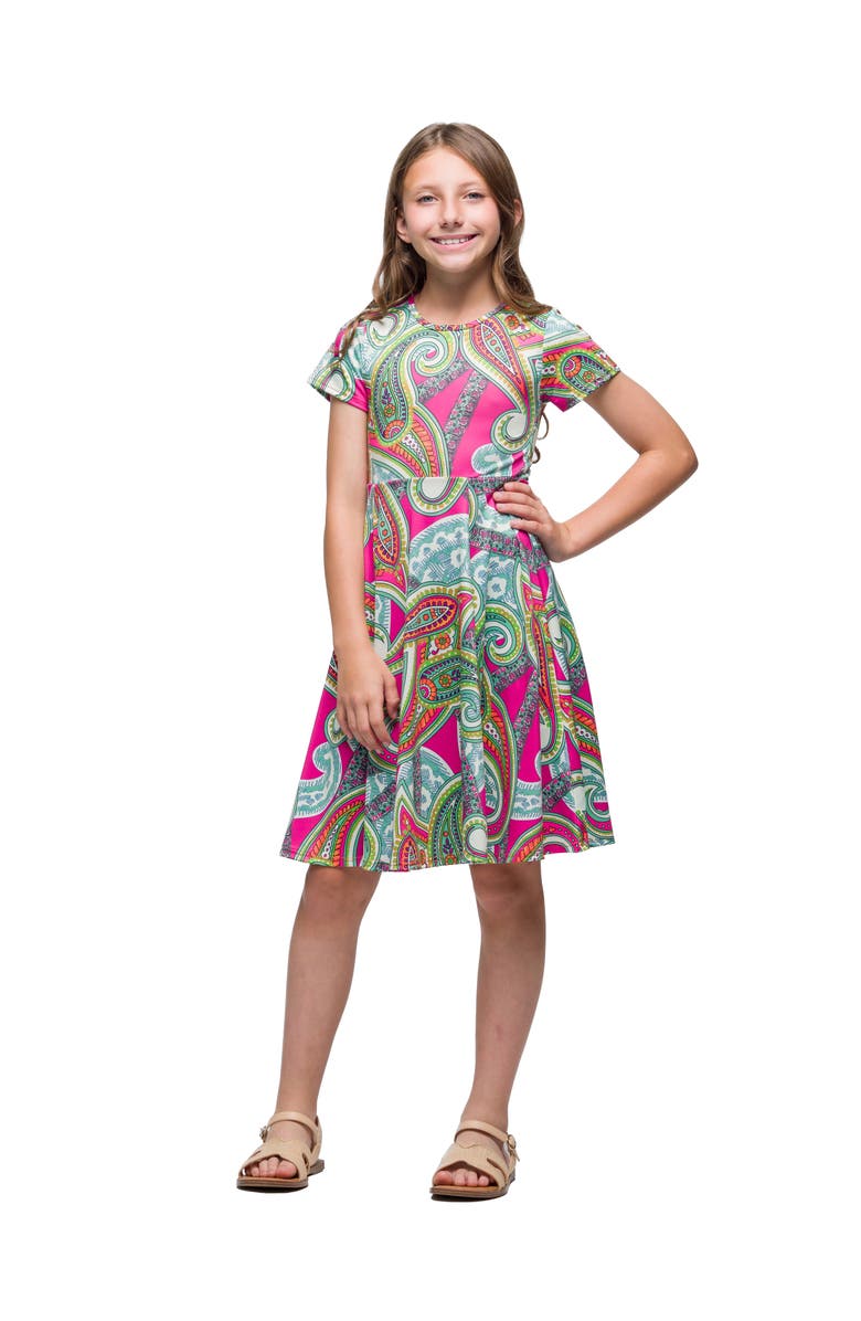 24sevenKid Pink Paisley Print Short Sleeve Fit and Flare Dress, Main, color, Pink Multi