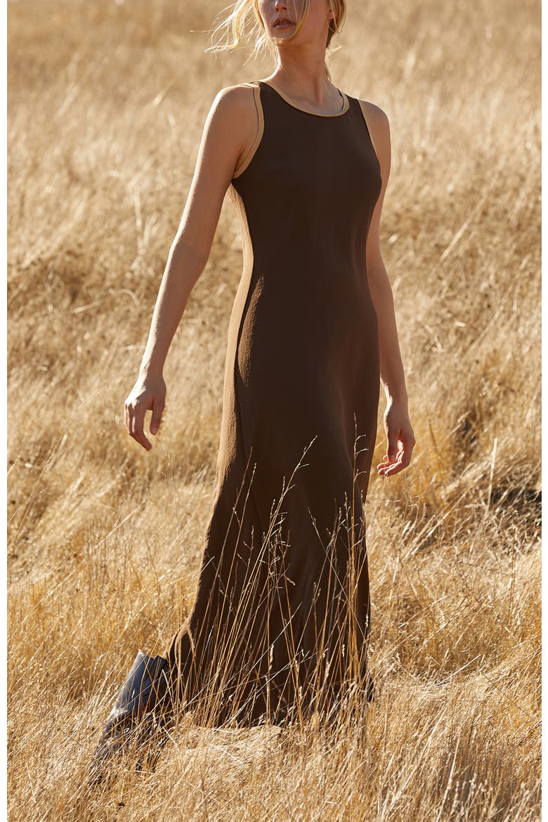 Suede Trim Chiffon Maxi Dress, Alternate, color, Brown