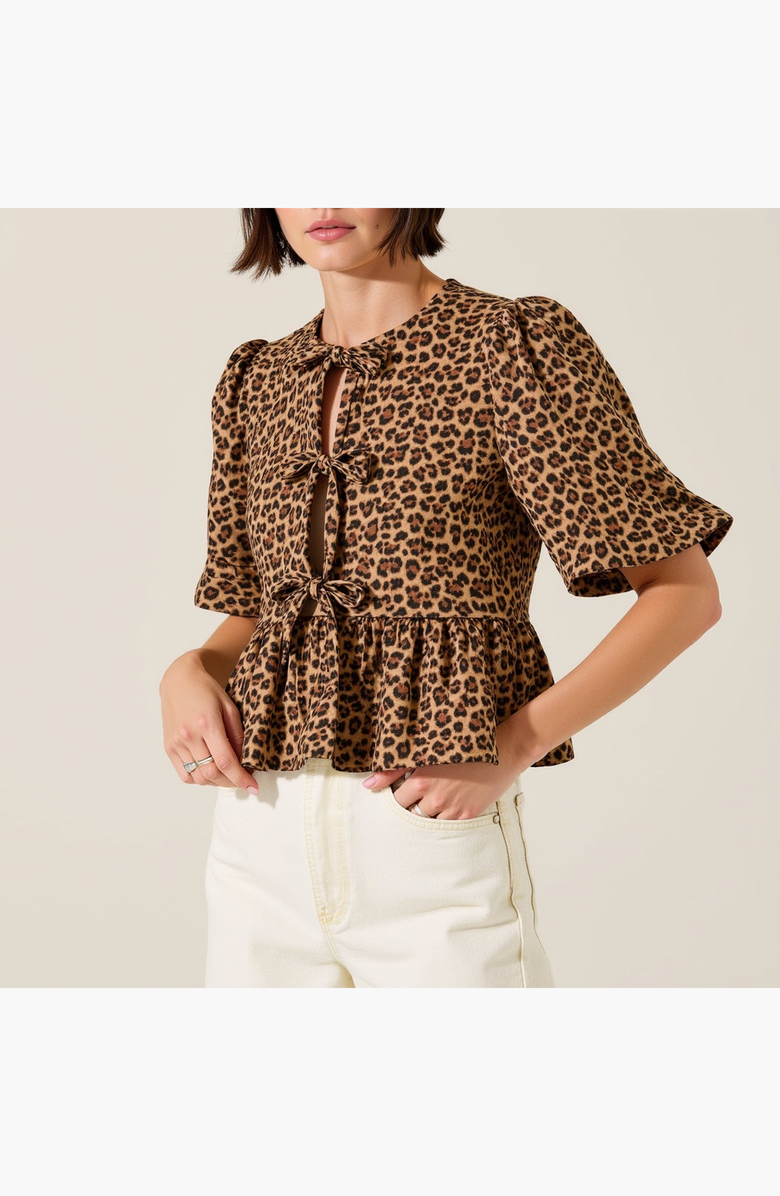 Modenaire Peplum Top With Front Tie Closures And Short Puff Sleeves, Alternate, color, Leopard Print