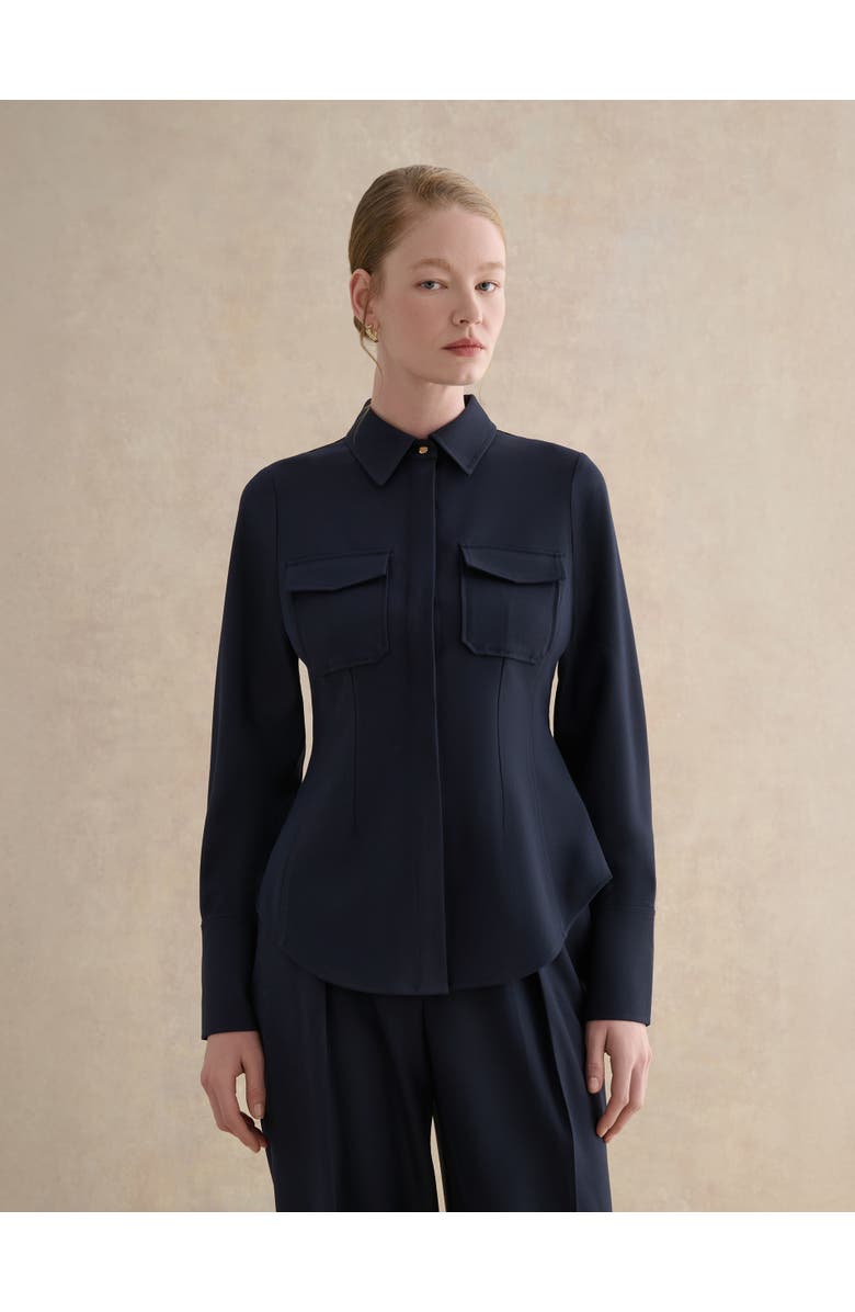 HOBBS LONDON Dannie Cinched-Waist Collard Shirt, Main, color, Hobbs Navy