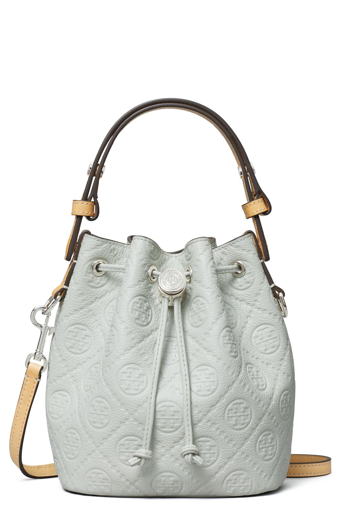 Tory Burch Mini T Monogram Pebble Leather Bucket Bag, Main, color, 