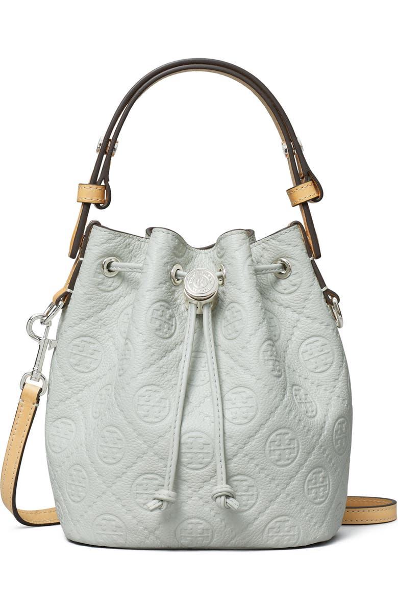Tory Burch Mini T Monogram Pebble Leather Bucket Bag, Main, color, Light Titanium