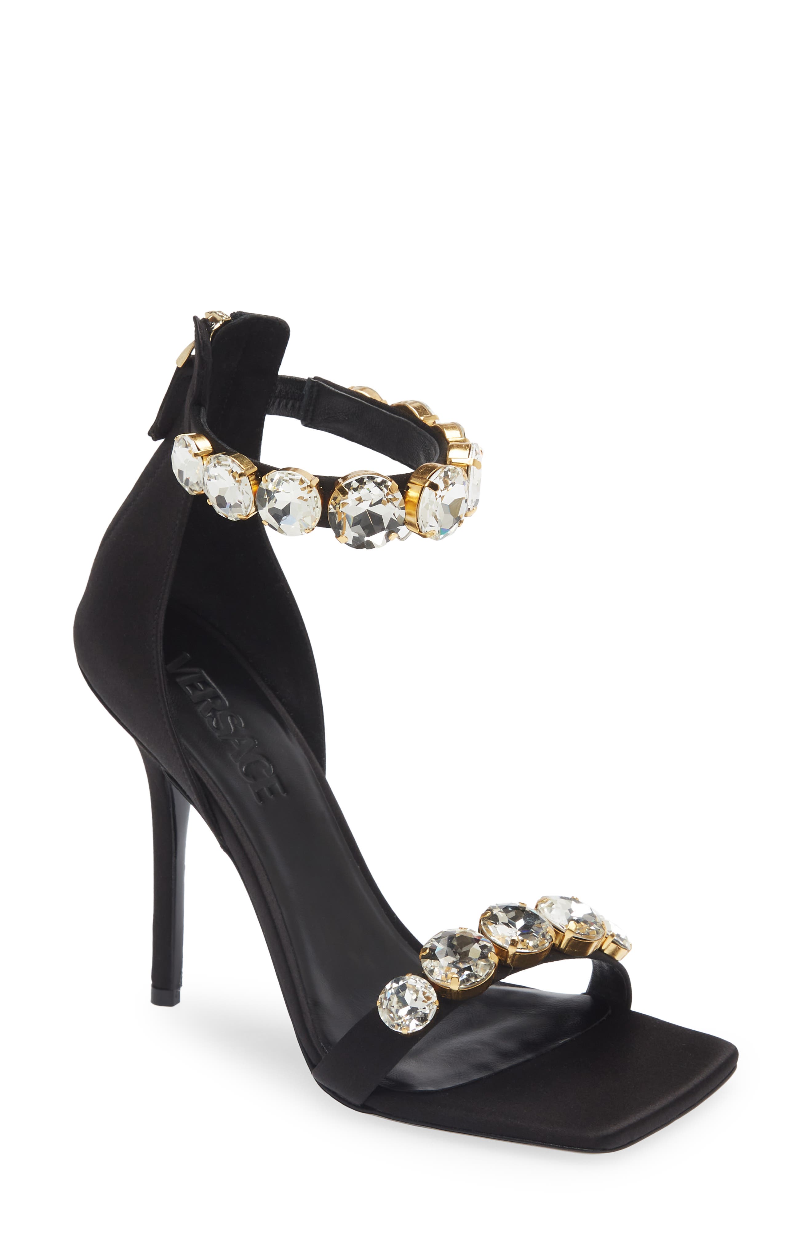 Versace Crystal Embellished Ankle Strap Sandal, Main, color, 