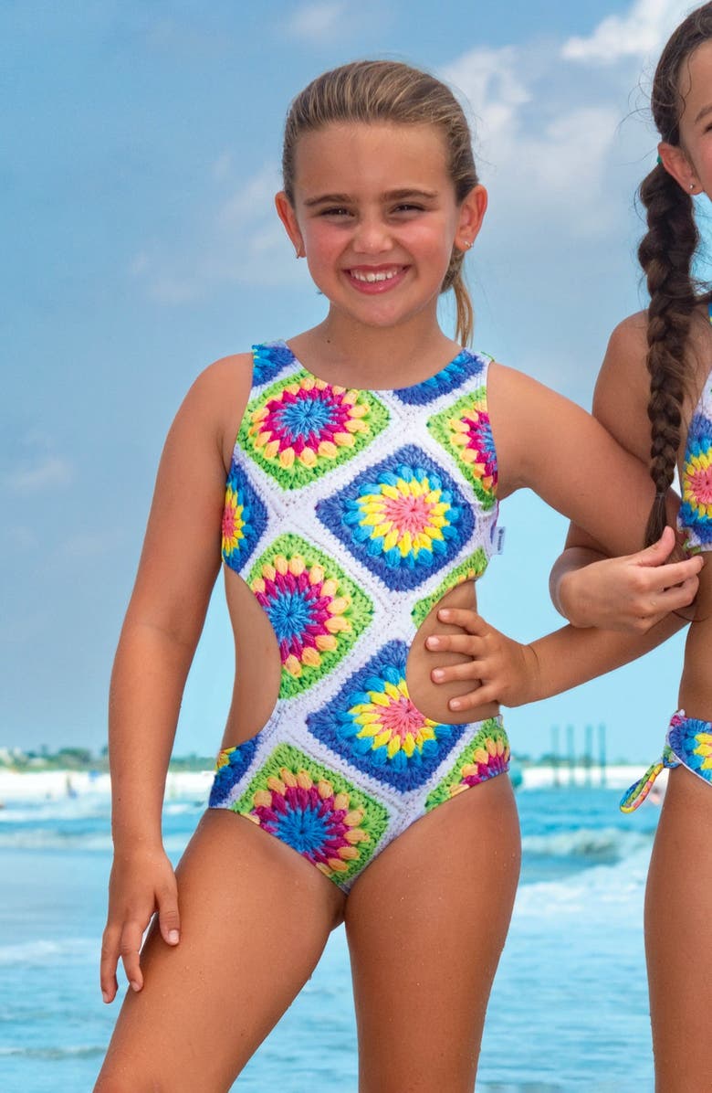 Limeapple Crochet Printed Cutout One Piece Swimsuit, Alternate, color, Multicolor