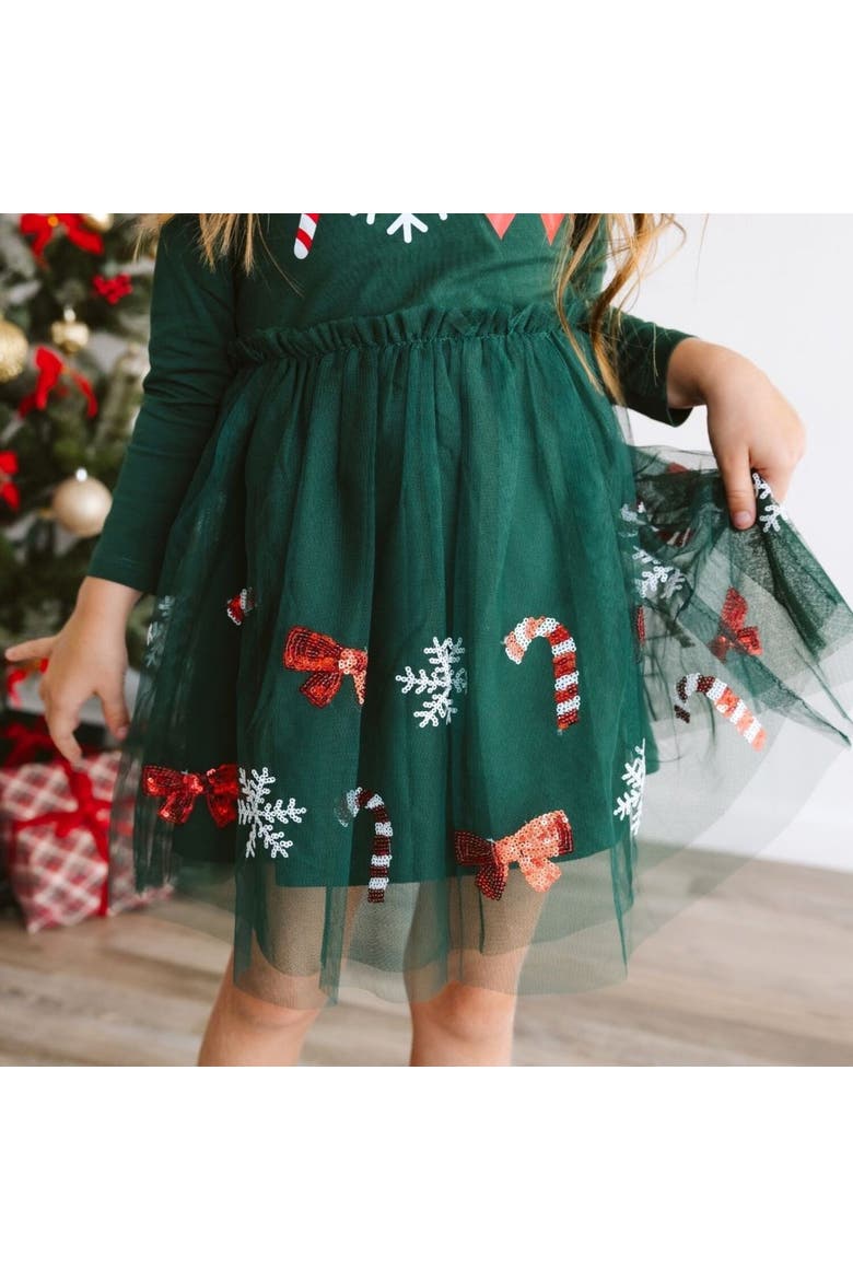 Emerald Candy Cane Sequin Christmas Long Sleeve Tutu Dress, Alternate, color, Emerald Green