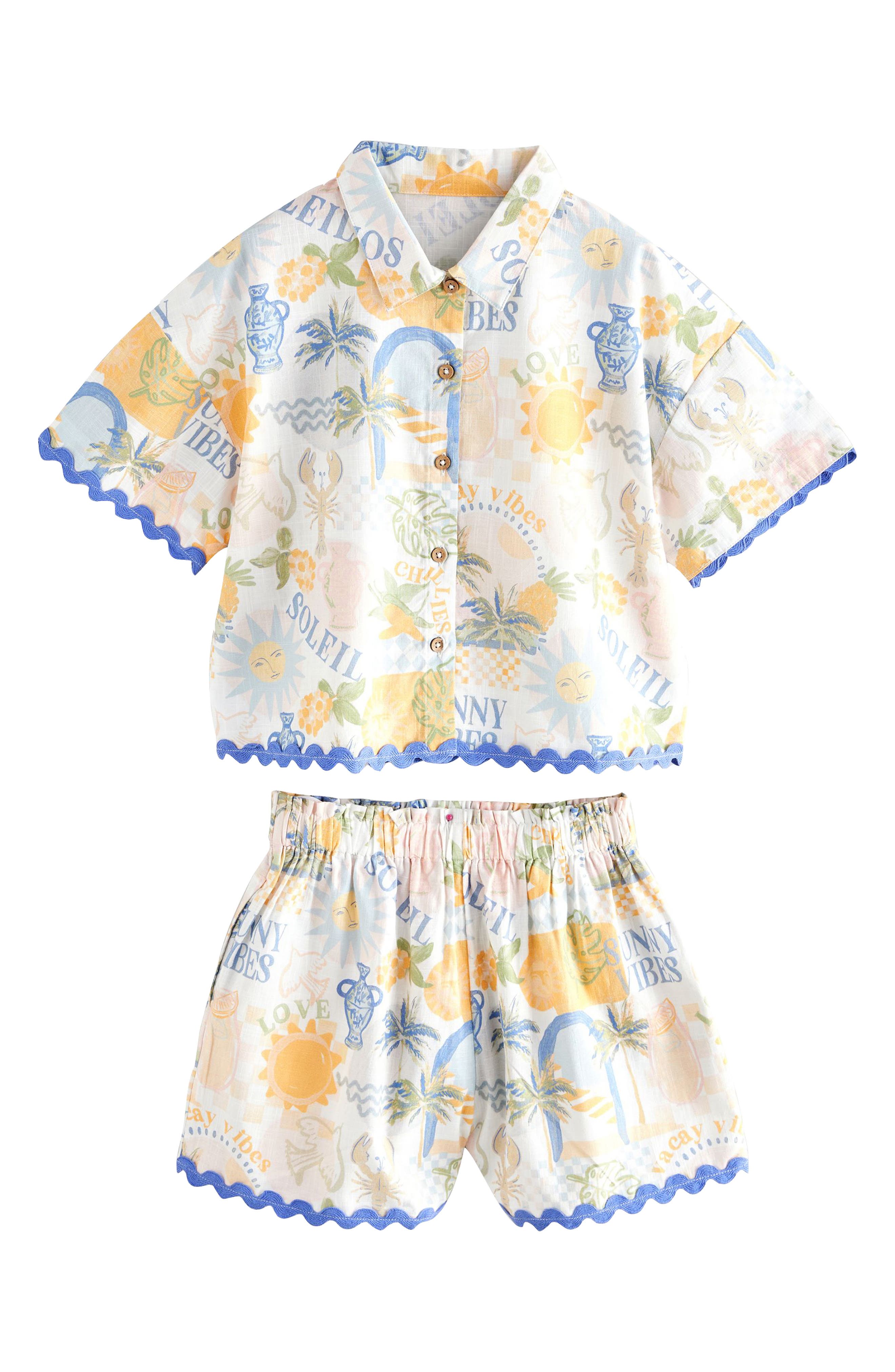 NEXT Kids' Sunny Vibes Short Sleeve Cotton Button-Up Shirt & Pull-On Shorts Set