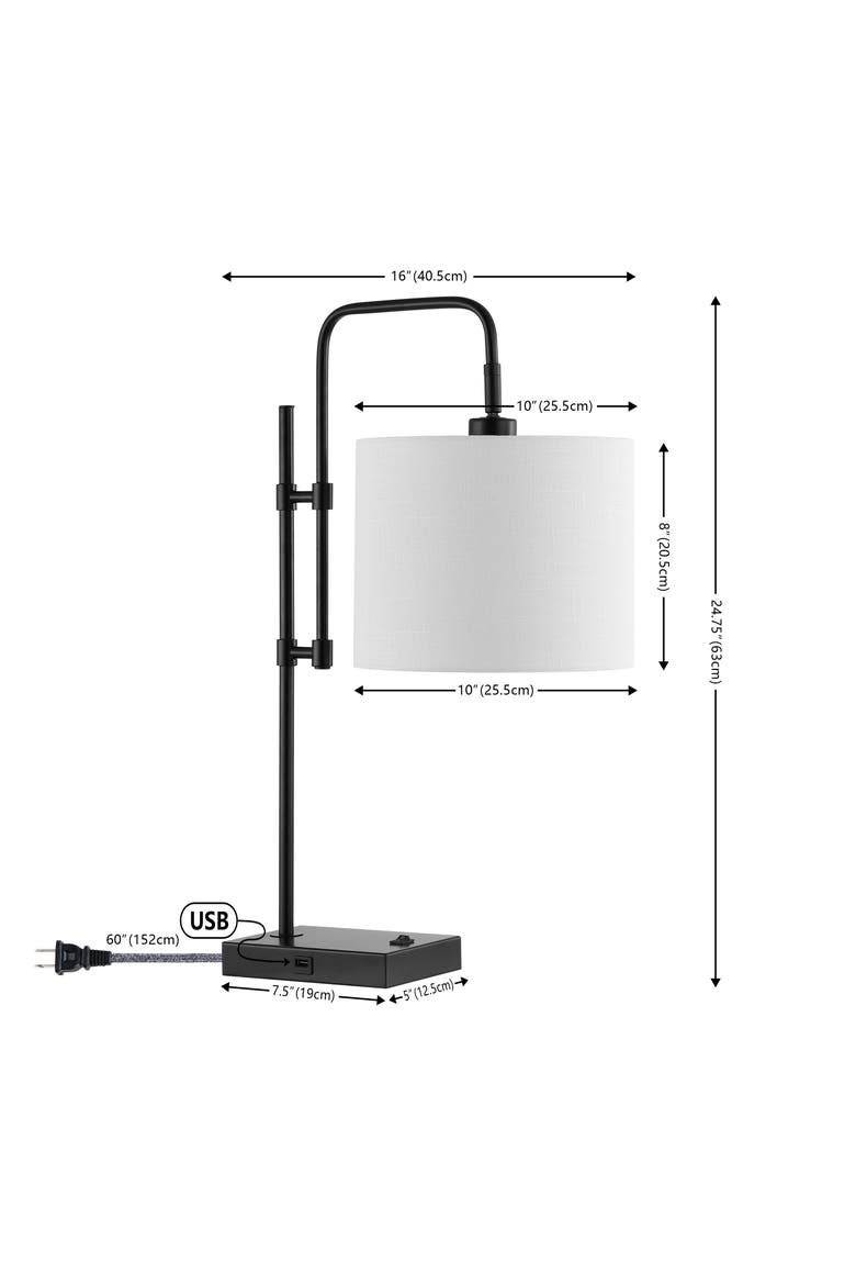 Edris Industrial Designer Metal LED Task Lamp with USB Charging Port, Alternate, color, Black with White Shade