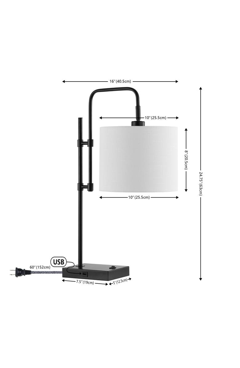 JONATHAN Y Edris Industrial Designer Metal LED Task Lamp with USB Charging Port, Alternate, color, Black With White Shade