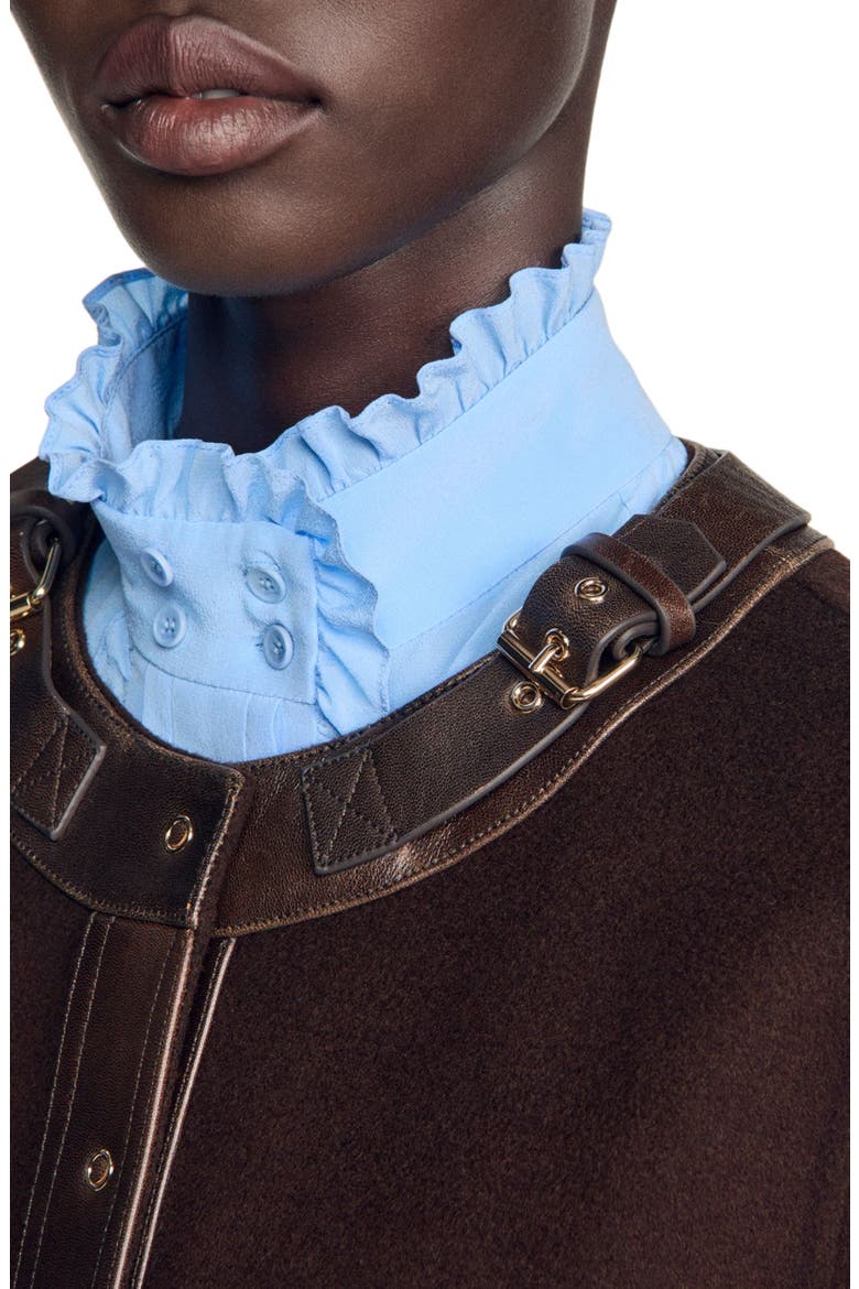Short coat with leather details, Alternate, color, Brown