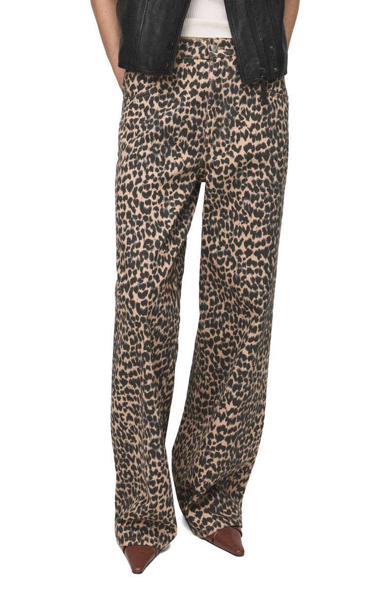 MANGO Leopard Print Straight Leg Jeans, Main, color, Brown