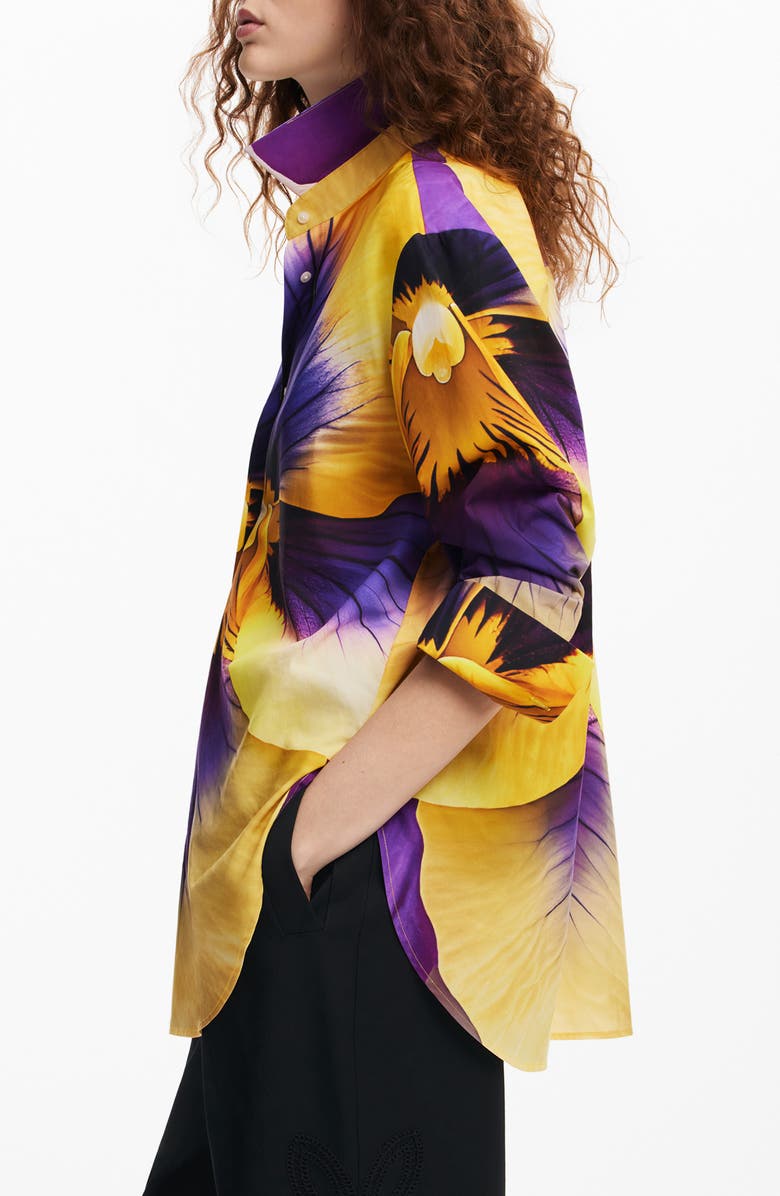 Desigual Pensee Lacroix Pansy Print Cotton & Lyocell Button-Up Shirt, Alternate, color, Yellow Mix