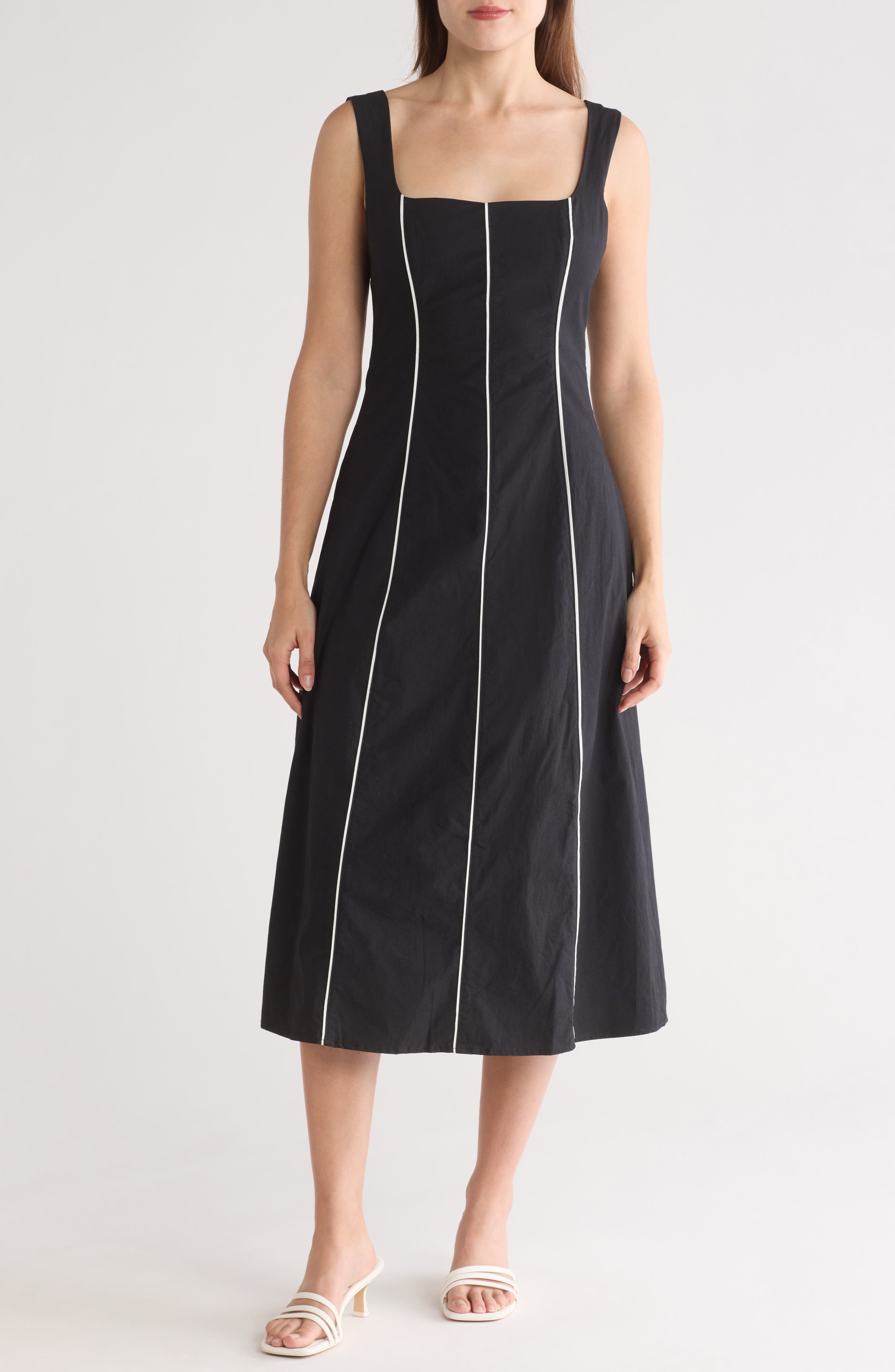 Contrast Panel Long-Sleeve Midi Dress