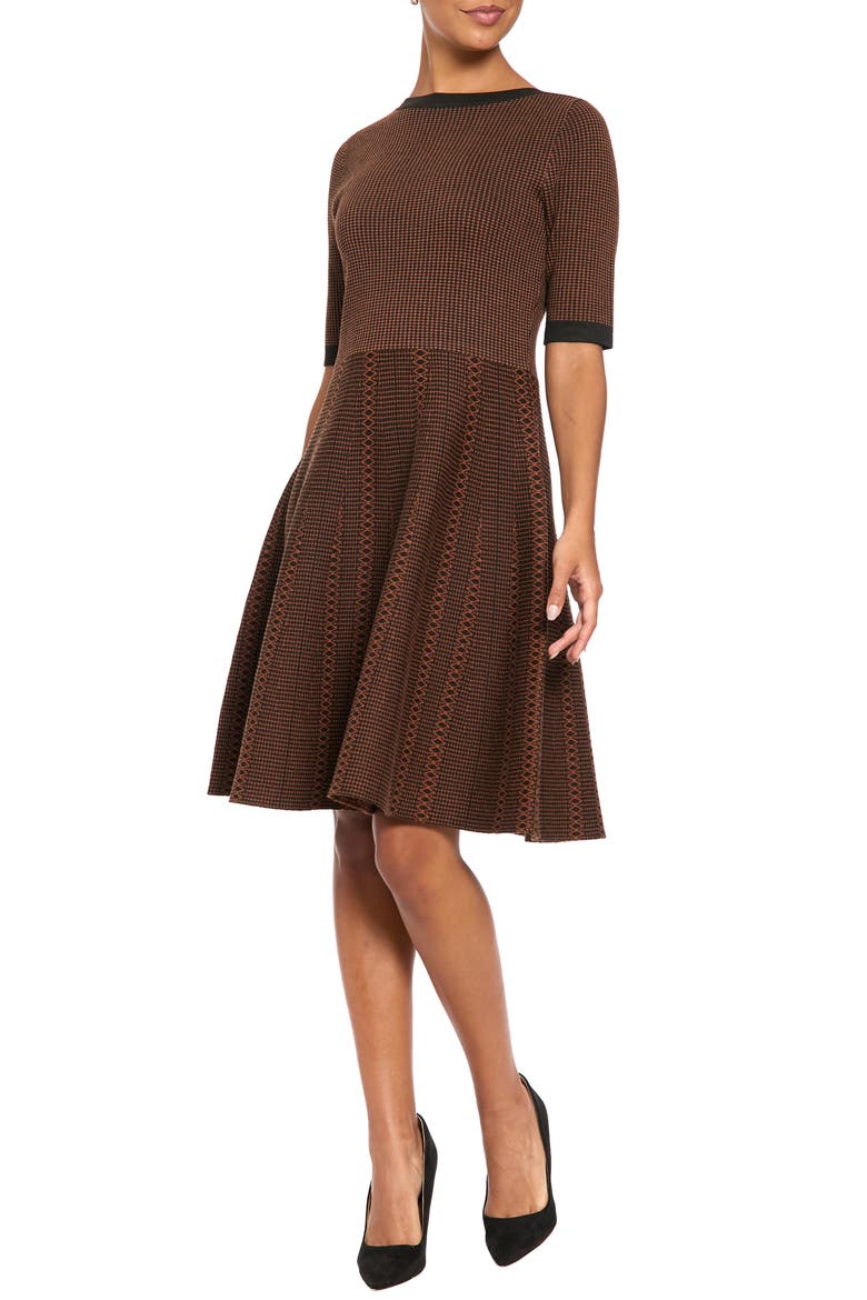 Elbow Sleeve Fit & Flare Sweater Dress, Main, color, BLACK/ BROWN