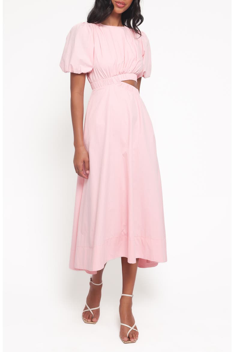 Aminah Puff Sleeve Cutout Midi Dress, Main, color, PINK