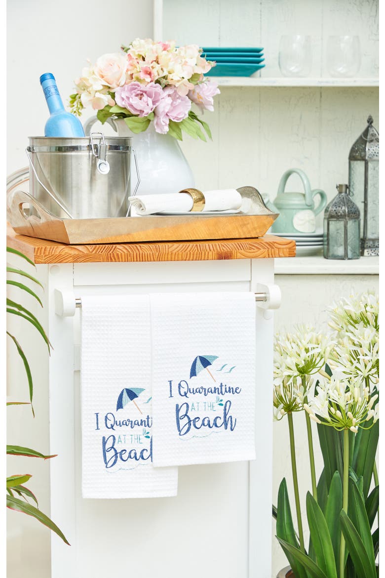 Quarantine At The Beach Embroidered Waffle Weave Dishtowel, Alternate, color, White