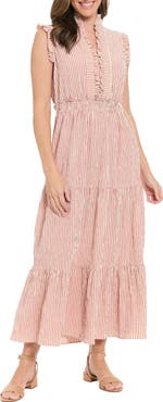 London Times Stripe Ruffle Sleeveless Tiered Maxi Dress