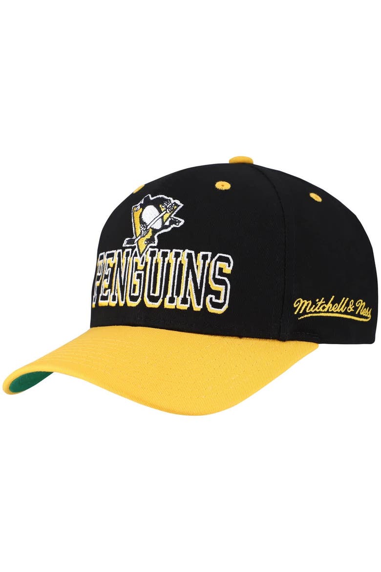 Men's Mitchell & Ness Black/Gold Pittsburgh Penguins Backside Script Two-Tone Pro Crown Adjustable Hat, Main, color, Black