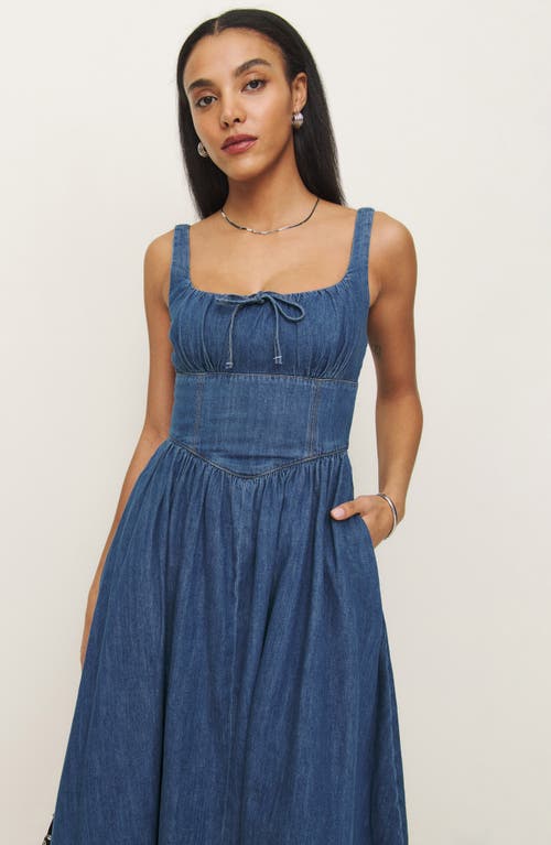 Shop Reformation Balia Denim A-line Midi Dress In Rhine