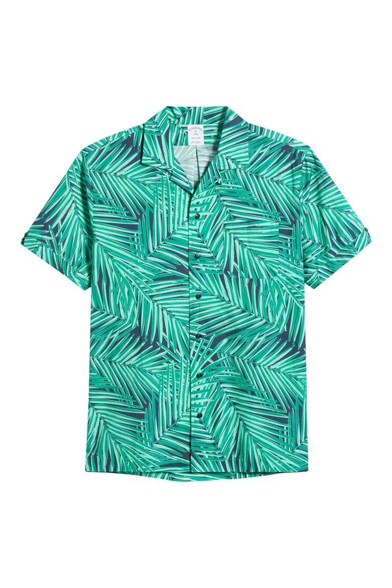 Regular Fit Palm Leaf Print Cotton Poplin Camp Shirt, Alternate, color, GREEN/ NAVY