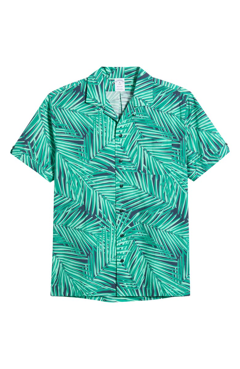 Brooks Brothers Regular Fit Palm Leaf Print Cotton Poplin Camp Shirt, Alternate, color, Green/ Navy