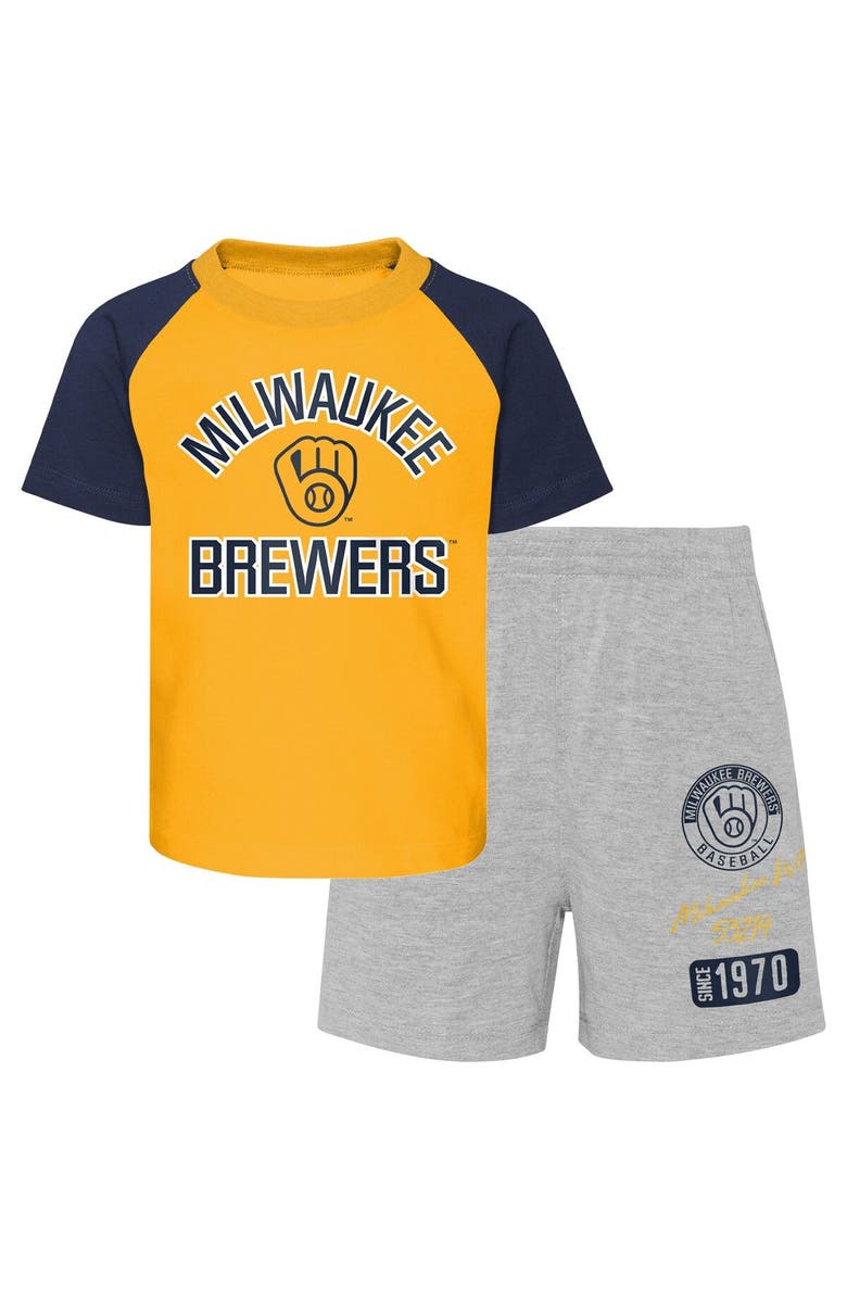 Outerstuff Toddler Gold/Heather Gray Milwaukee Brewers Two-Piece Groundout Baller Raglan T-Shirt & Shorts Set, Main, color, Gold