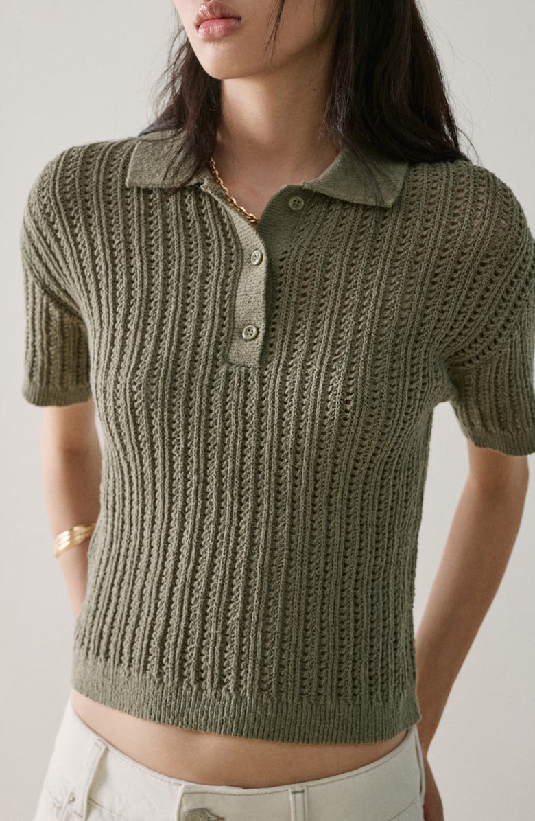 MANGO Openwork Sweater Polo, Main, color, Khaki Green